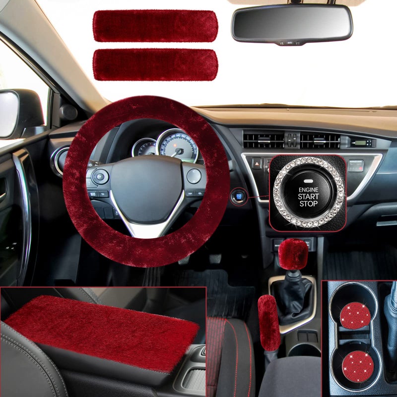 Frienda 10 Pcs Fluffy Car Steering Wheel Covers Handbrake and Gear Shift Cover Seat Belt Shoulder Pads Diamond Mat Ignition Ring Ball Key Chain Armrest Box Mat Car Accessories Set(Wine Red) - Image 2